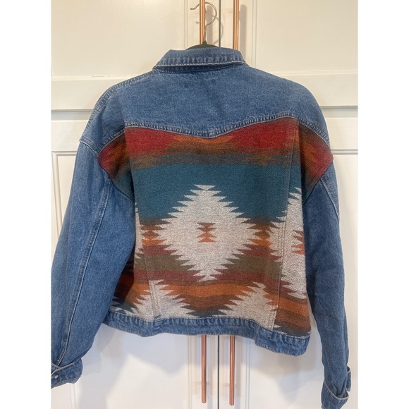 Vintage Southwestern Blanket Panel Denim Jacket Western Aztec Medium Wash read - Picture 6 of 11
